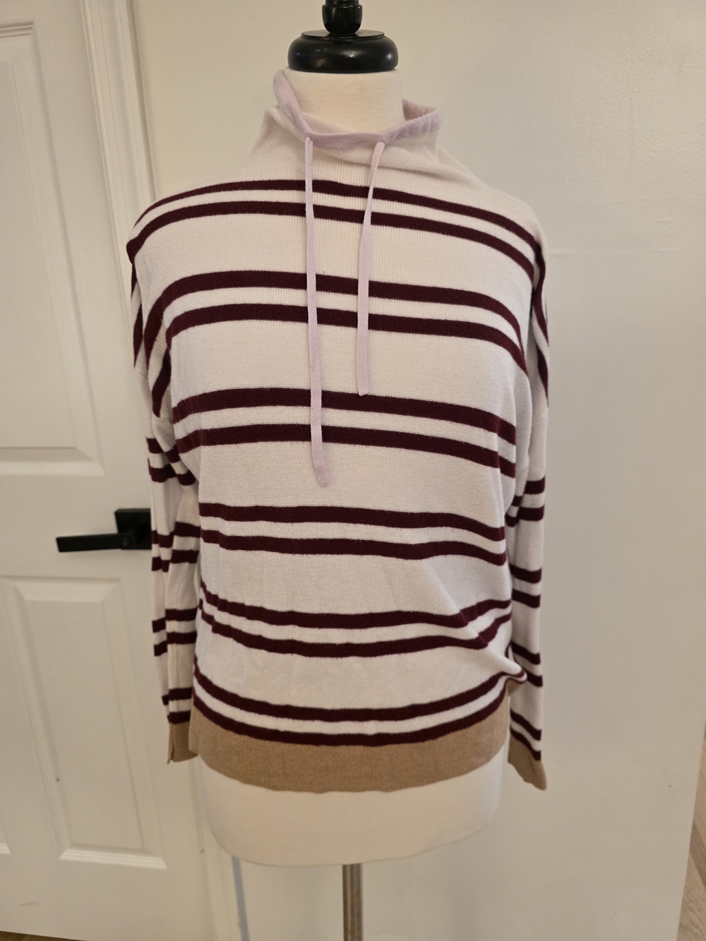 Lou & Grey Cream Striped Turtleneck with Burgundy and Tan Accents